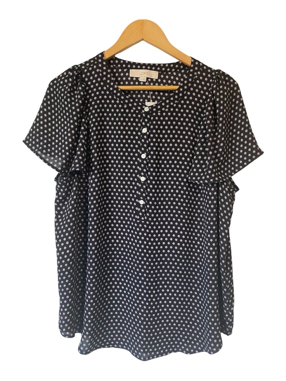NWT Loft Black Floral Dot Sleeveless Blouse ruffle cap sleeve henley XL
